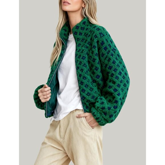 Women Dark green Cropped Sherpa Fleece Plaid Jacket Chunky Outerwear - Picture 5 of 7